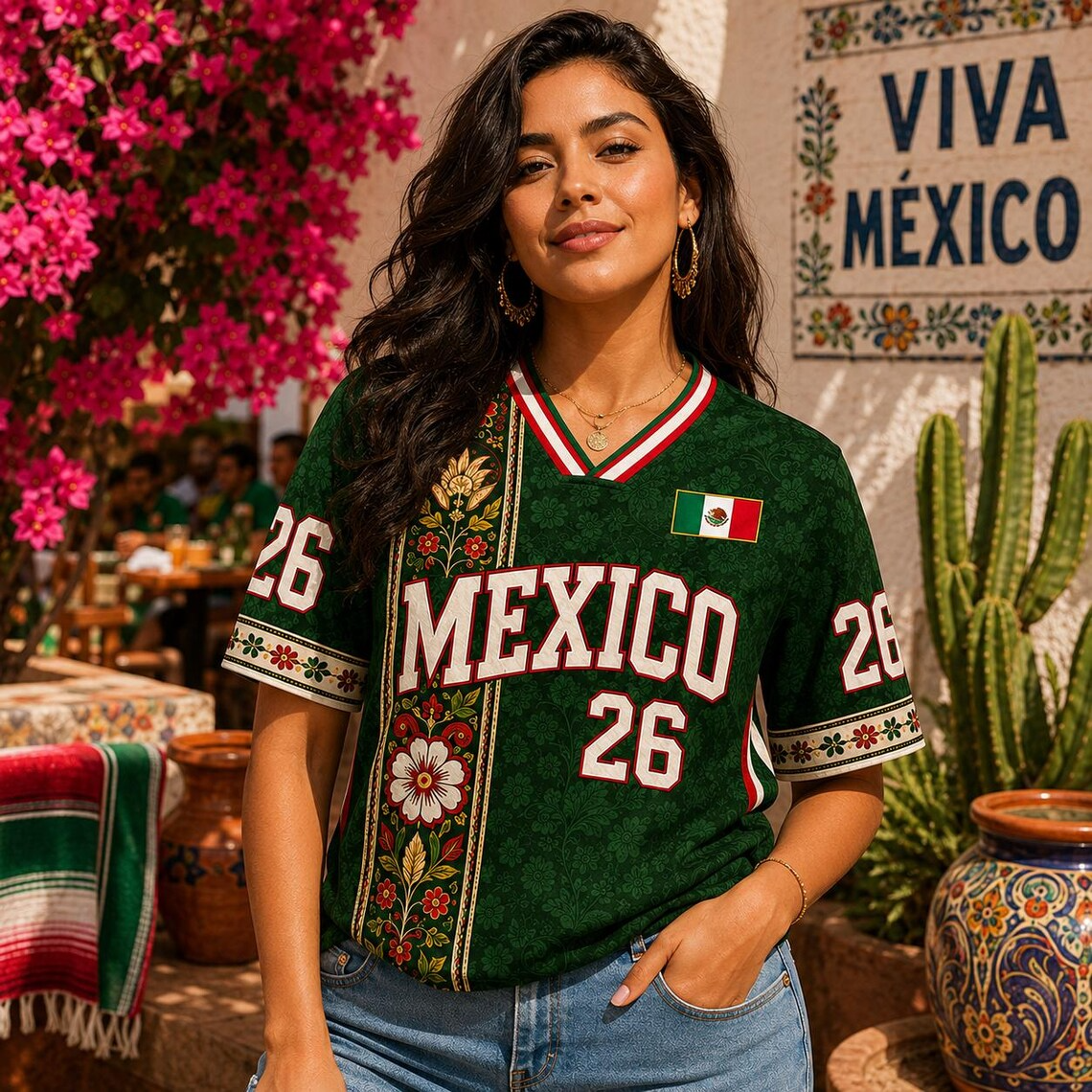 Floral Mexico Soccer Jersey, Custom Green Unisex Football Shirt, 2026 Mexico Fan Shirt, Personalized Game Day Kit