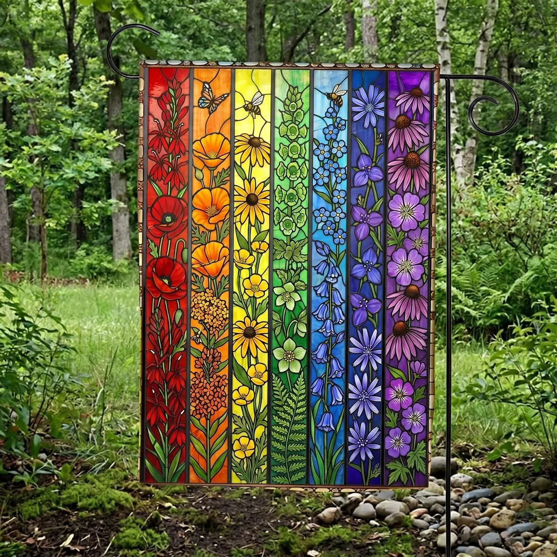 Rainbow Flowers Stained Glass Art Garden Flag, Floral LGBT Yard Banner, Inclusive Gift, LGBTQ+ Pride Month Yard Decoration