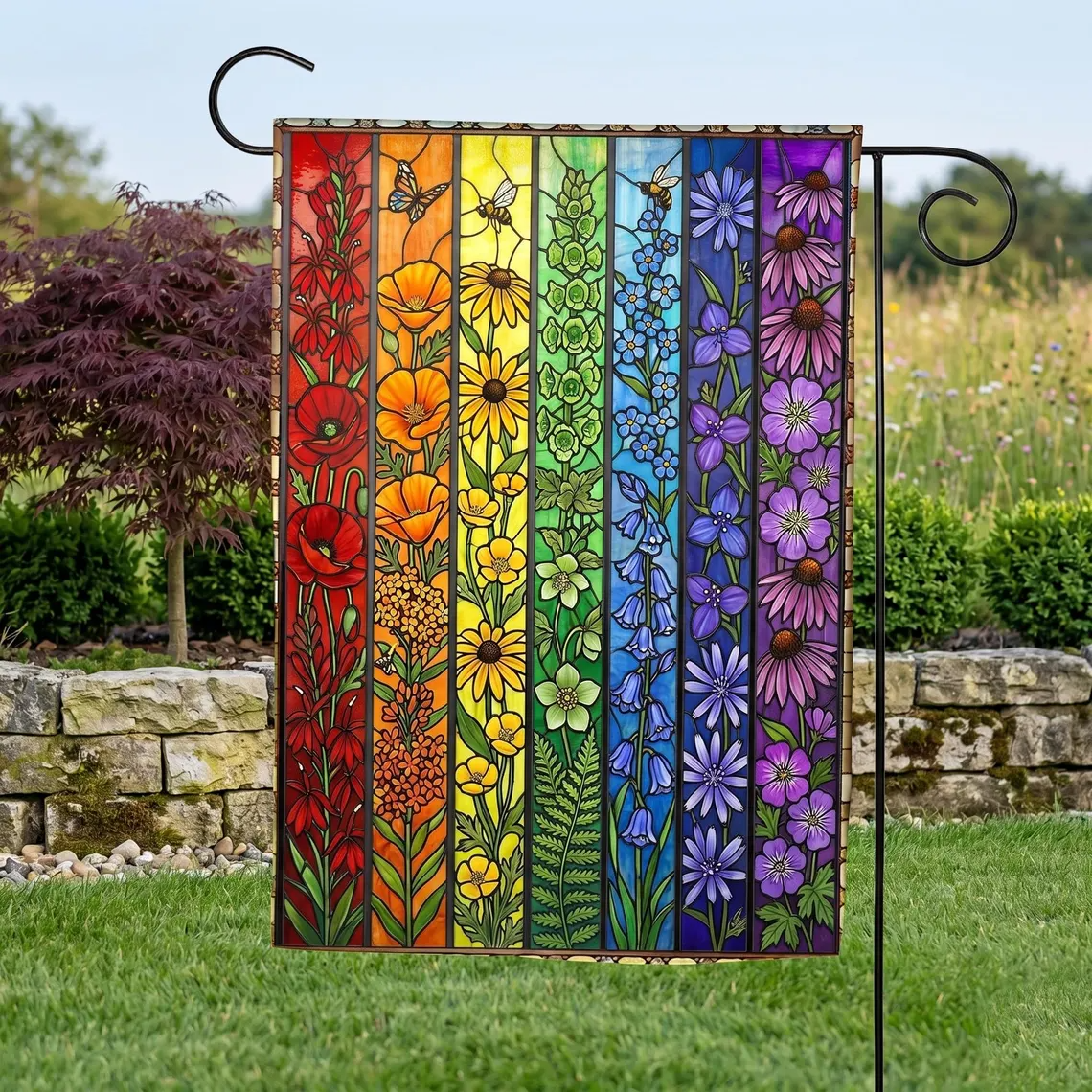 Rainbow Flowers Stained Glass Art Garden Flag, Floral LGBT Yard Banner, Inclusive Gift, LGBTQ+ Pride Month Yard Decoration