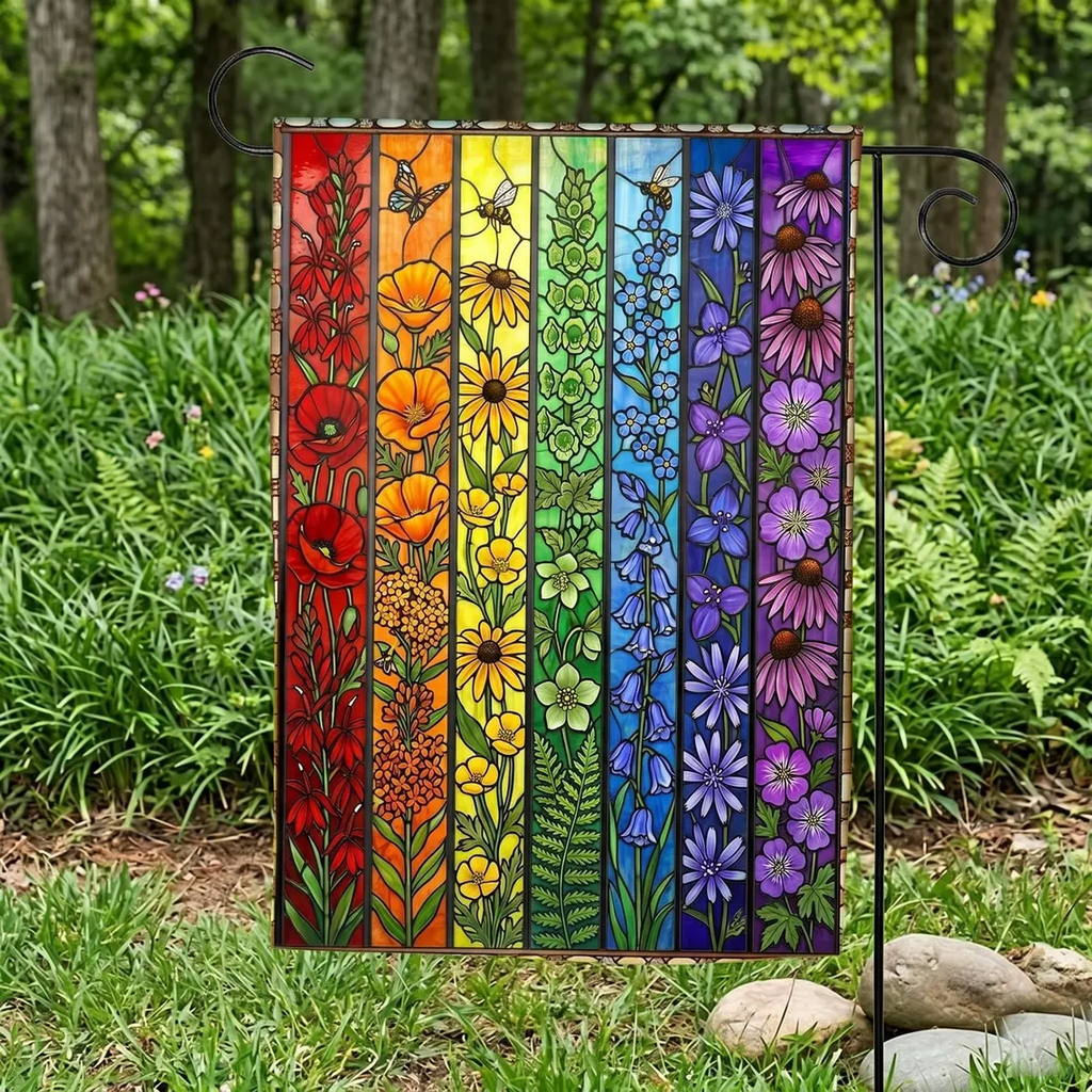 Rainbow Flowers Stained Glass Art Garden Flag, Floral LGBT Yard Banner, Inclusive Gift, LGBTQ+ Pride Month Yard Decoration