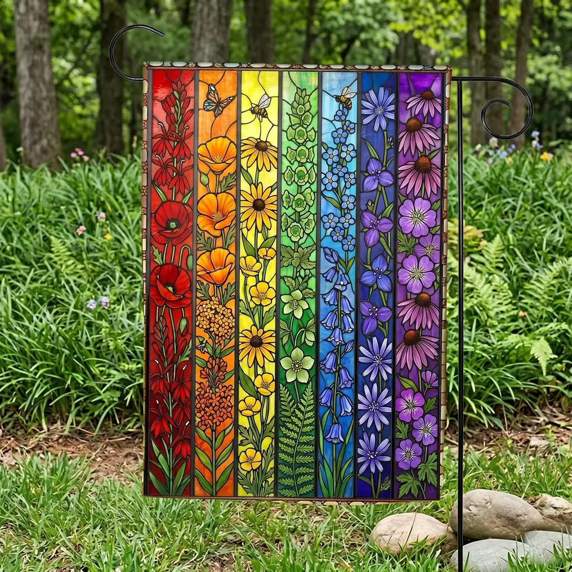 Rainbow Flowers Stained Glass Art Garden Flag, Floral LGBT Yard Banner, Inclusive Gift, LGBTQ+ Pride Month Yard Decoration
