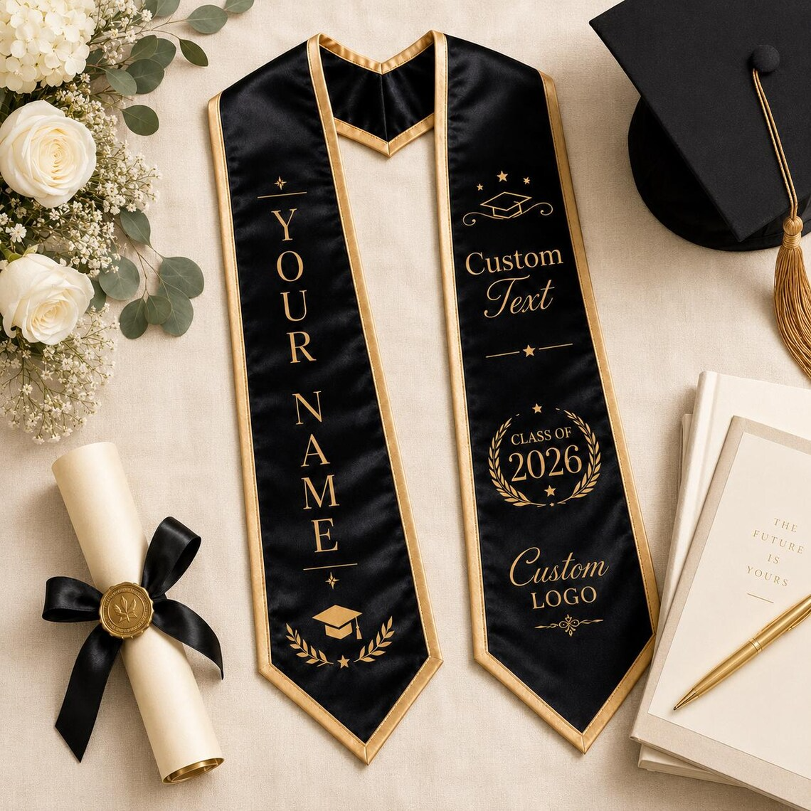Custom Printed Graduation Stole Class of 2026 - Personalized Graduation Sash with Name & Logo - College High School Graduate Gift