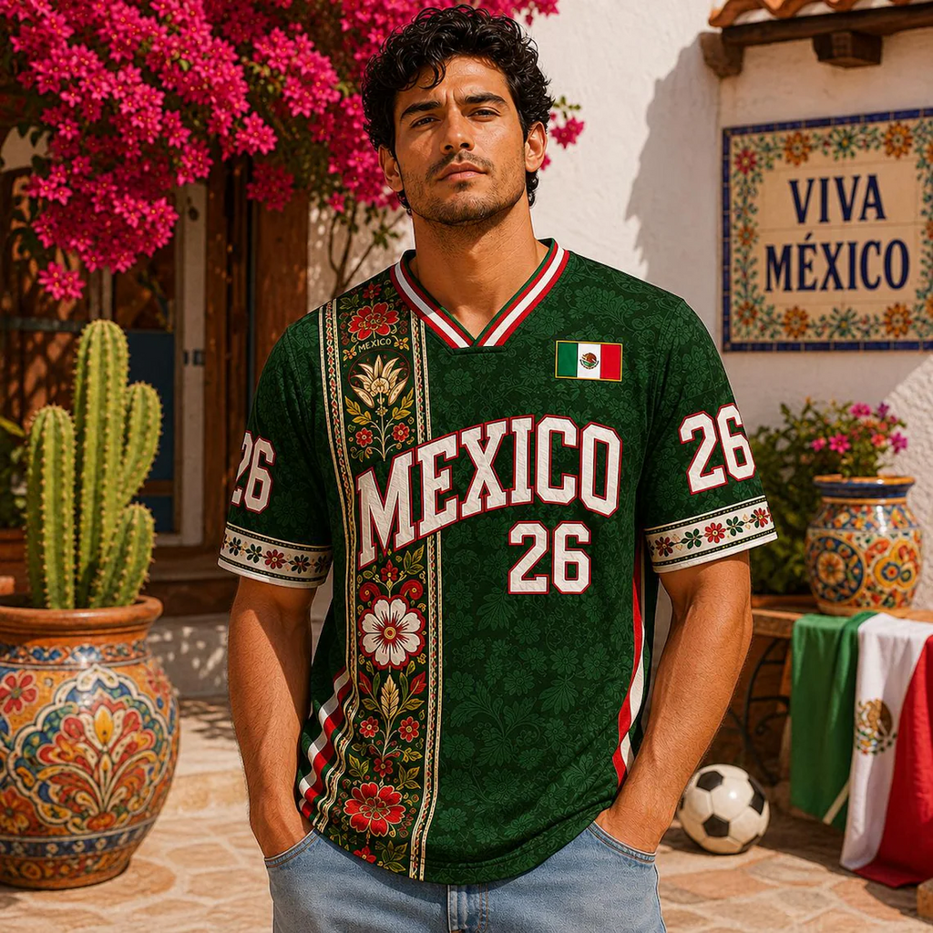 Floral Mexico Soccer Jersey, Custom Green Unisex Football Shirt, 2026 Mexico Fan Shirt, Personalized Game Day Kit