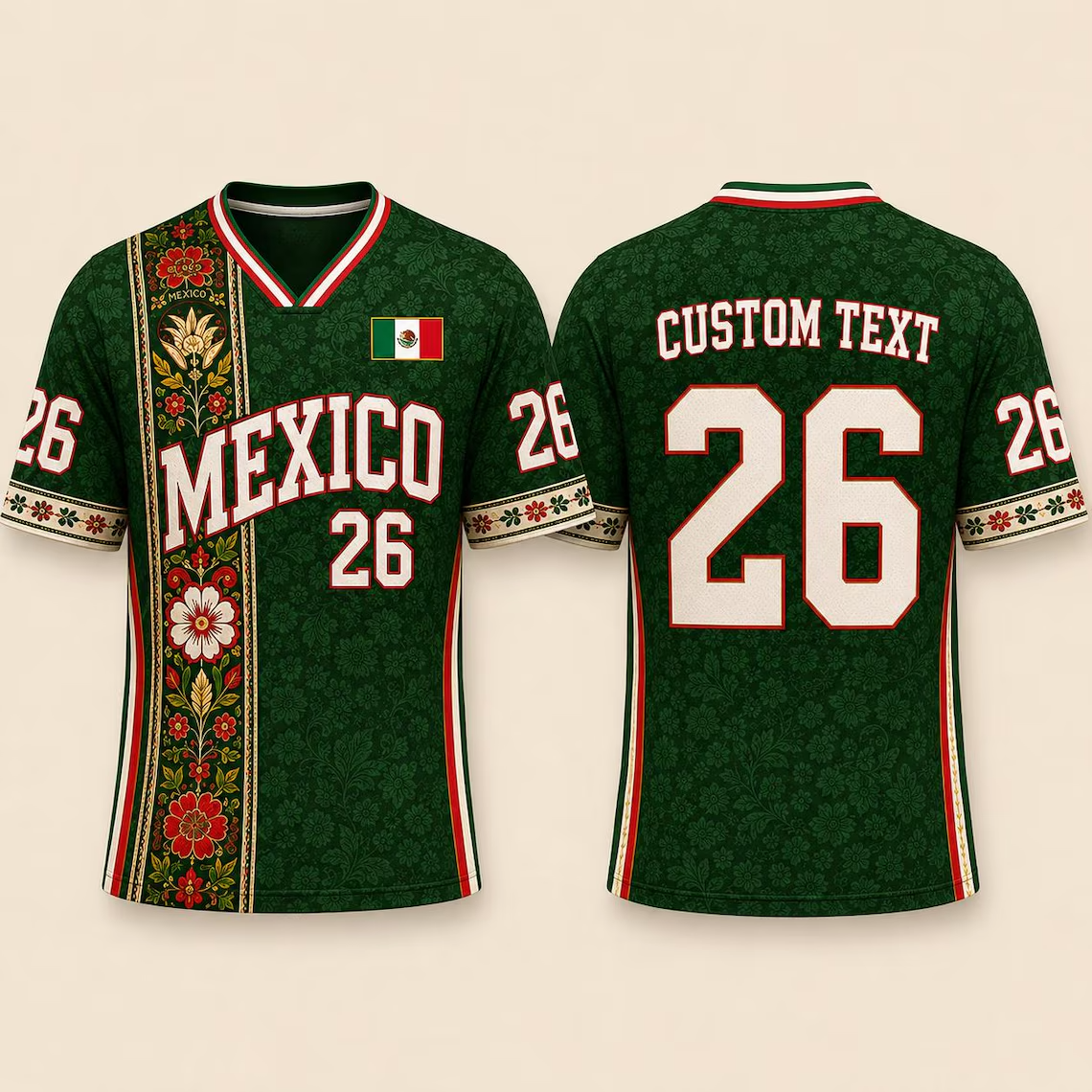 Floral Mexico Soccer Jersey, Custom Green Unisex Football Shirt, 2026 Mexico Fan Shirt, Personalized Game Day Kit