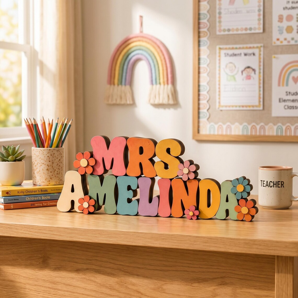 Custom Teacher Name Sign Wooden Desk Plaque Retro 3D Groovy Nameplate Classroom Decor Personalized Teacher Appreciation Gift Daisy Sign