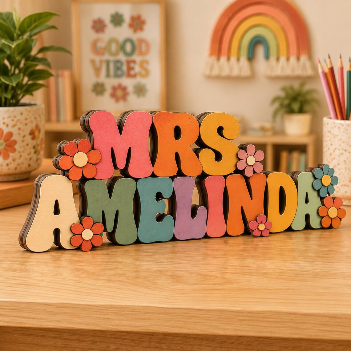 Custom Teacher Name Sign Wooden Desk Plaque Retro 3D Groovy Nameplate Classroom Decor Personalized Teacher Appreciation Gift Daisy Sign