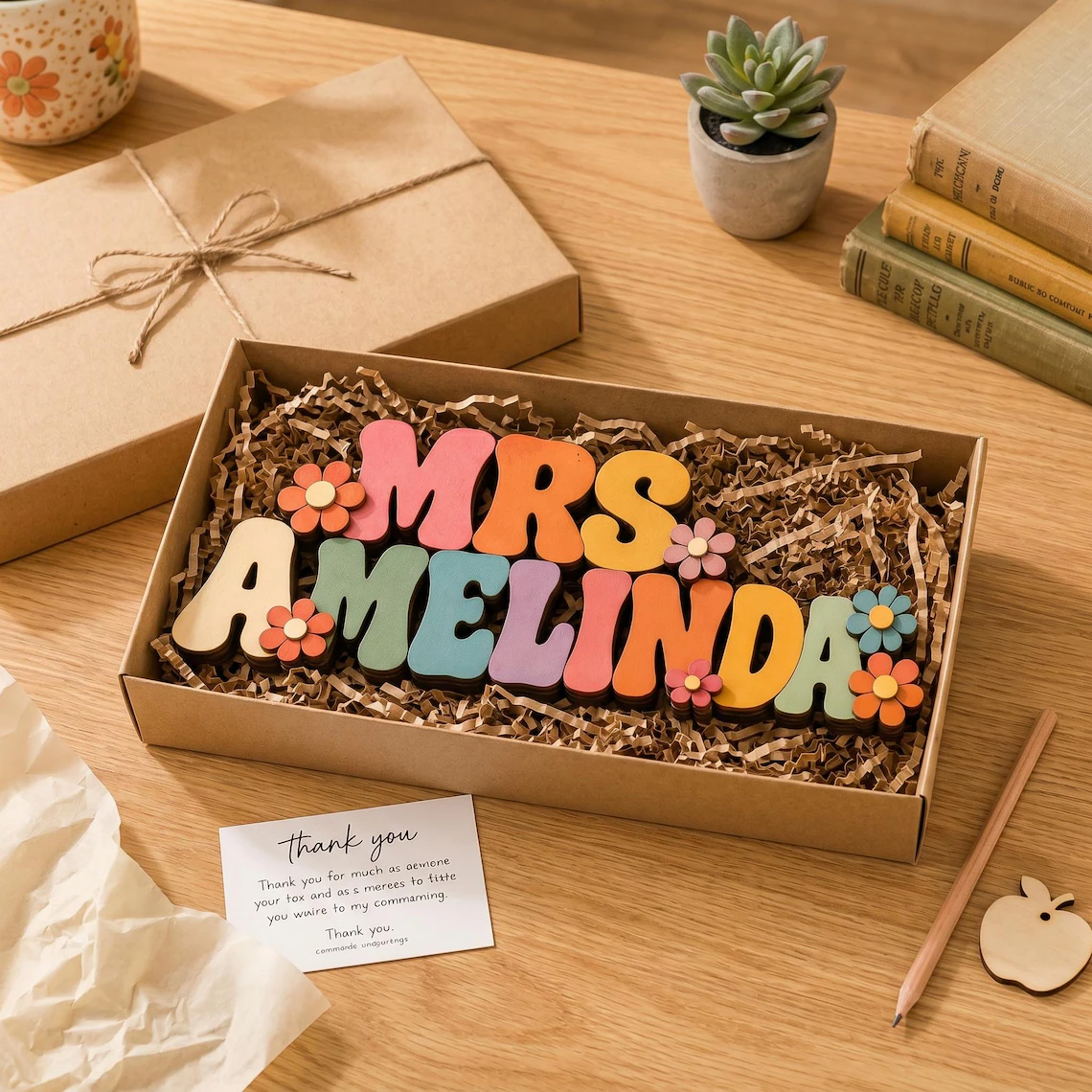 Custom Teacher Name Sign Wooden Desk Plaque Retro 3D Groovy Nameplate Classroom Decor Personalized Teacher Appreciation Gift Daisy Sign