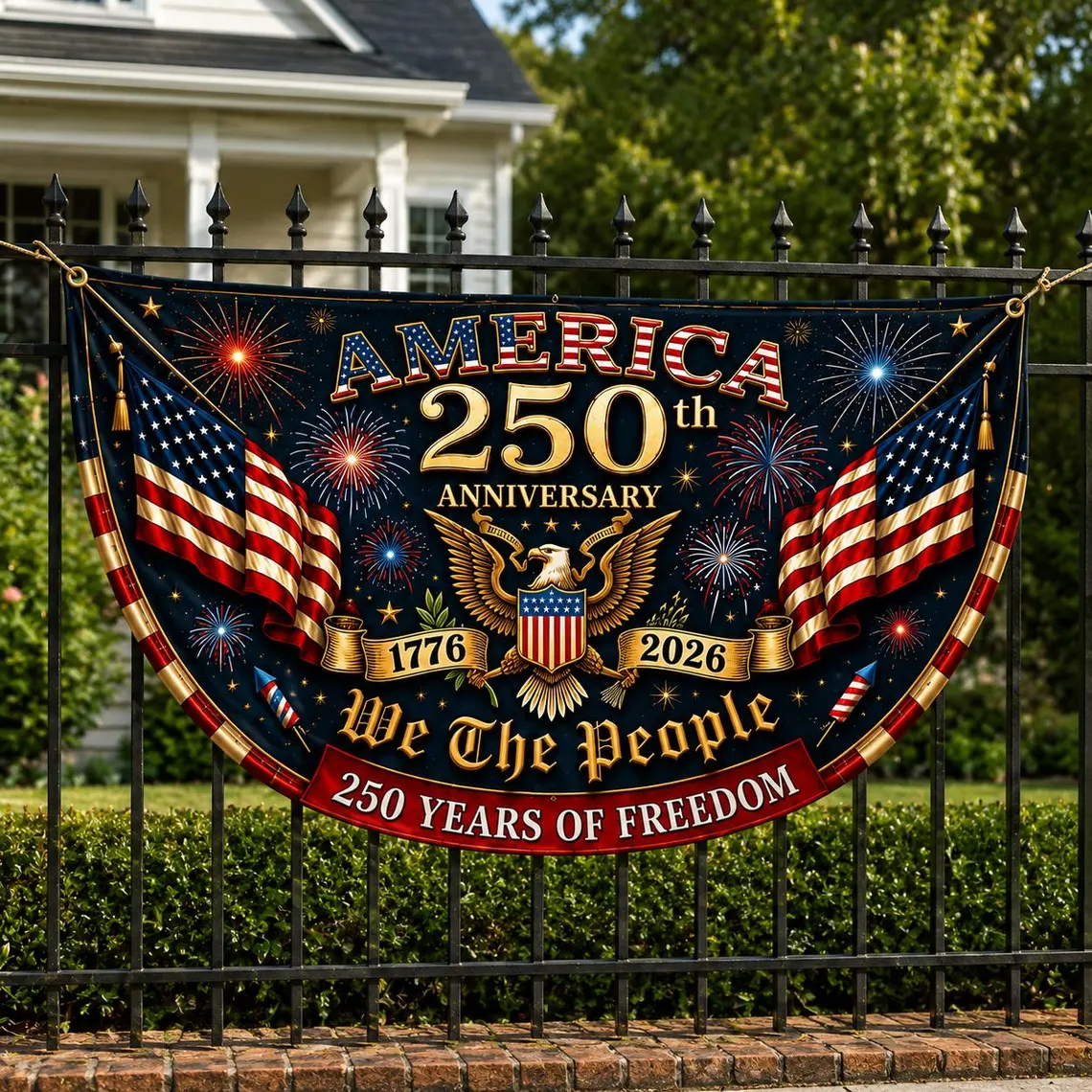 America 1776–2026 Semicircle Fence Flag, USA 250th Anniversary Patriotic Bunting Banner, Freedom Porch Decor, 4th of July Gift, Veteran Gift