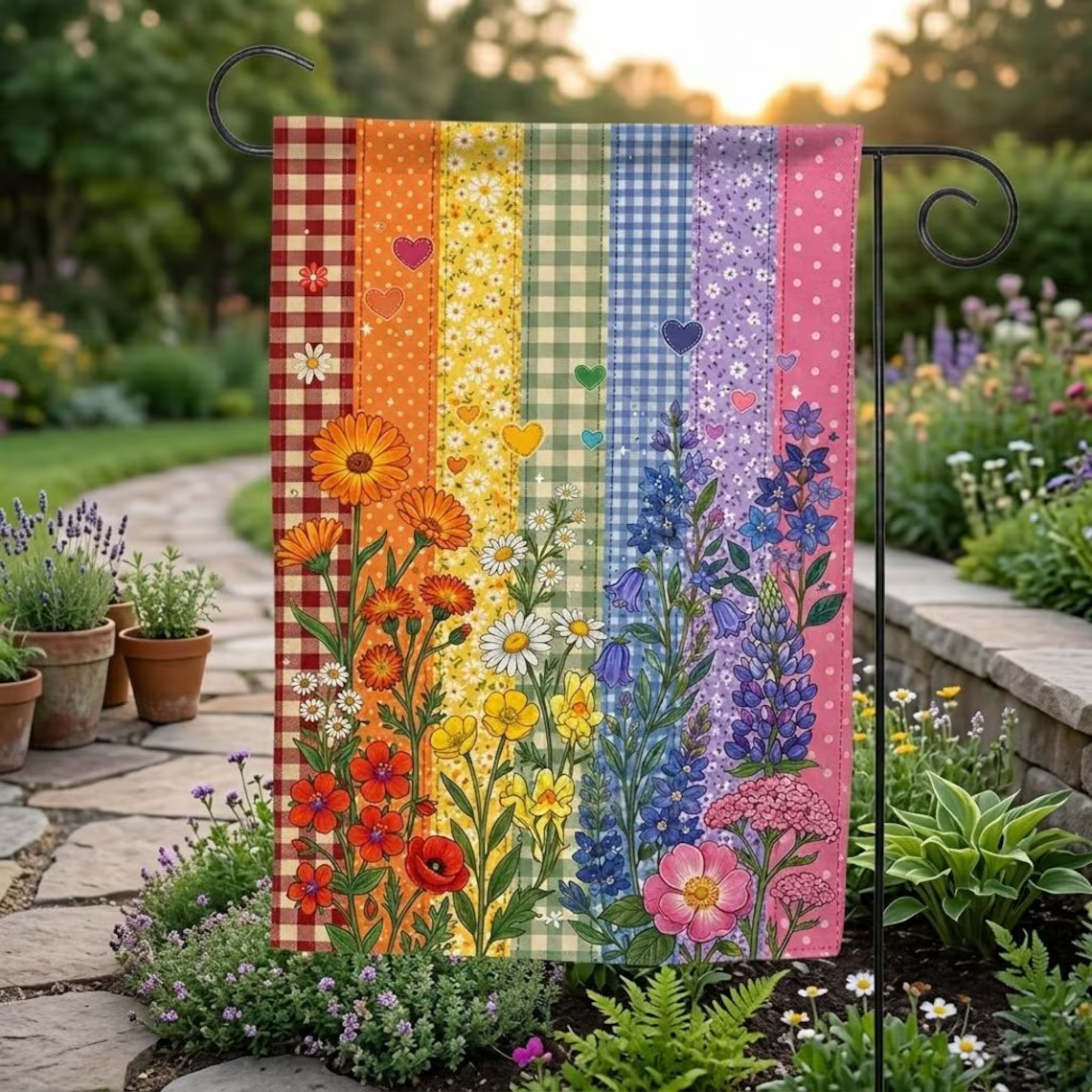 PRINT LGBTQ Floral Pride Flag, Progress Pride Yard Decor, Faux Patchwork Equality Banner, Pride Month Outdoor Decoration