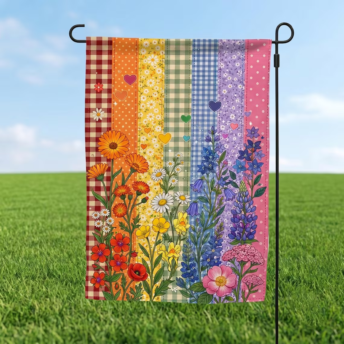 PRINT LGBTQ Floral Pride Flag, Progress Pride Yard Decor, Faux Patchwork Equality Banner, Pride Month Outdoor Decoration