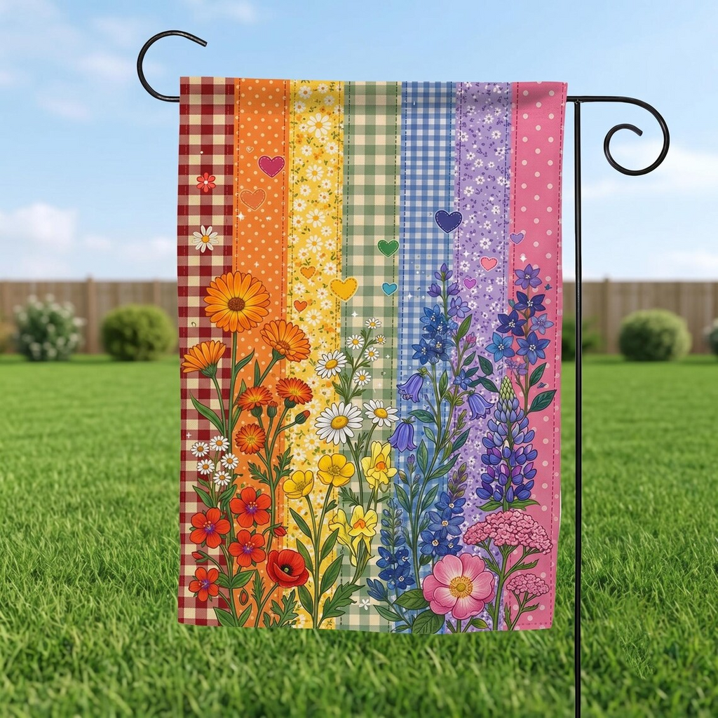 PRINT LGBTQ Floral Pride Flag, Progress Pride Yard Decor, Faux Patchwork Equality Banner, Pride Month Outdoor Decoration