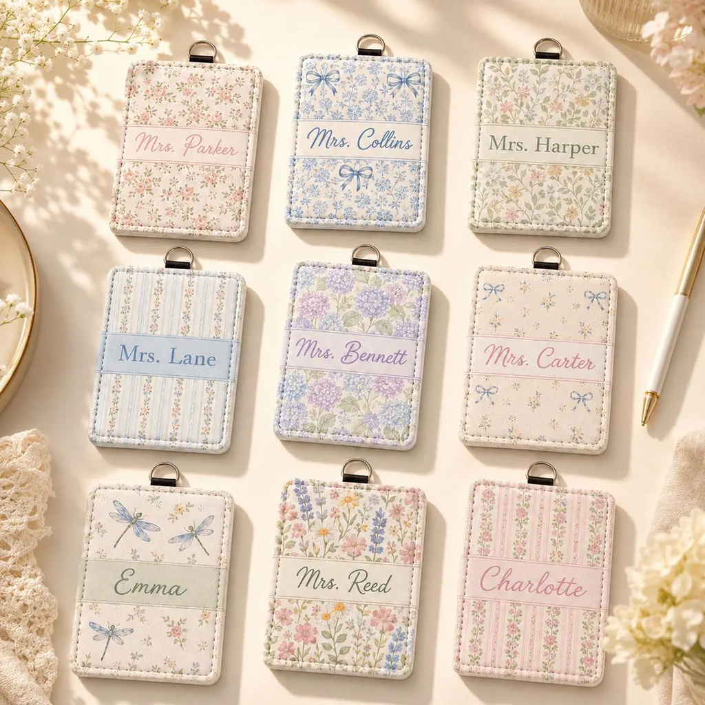 Personalized Pastel Floral Teacher Badge Holder, Custom Name ID Card Holder, Grandmillennial Lanyard Wallet, Teacher Appreciation Gift