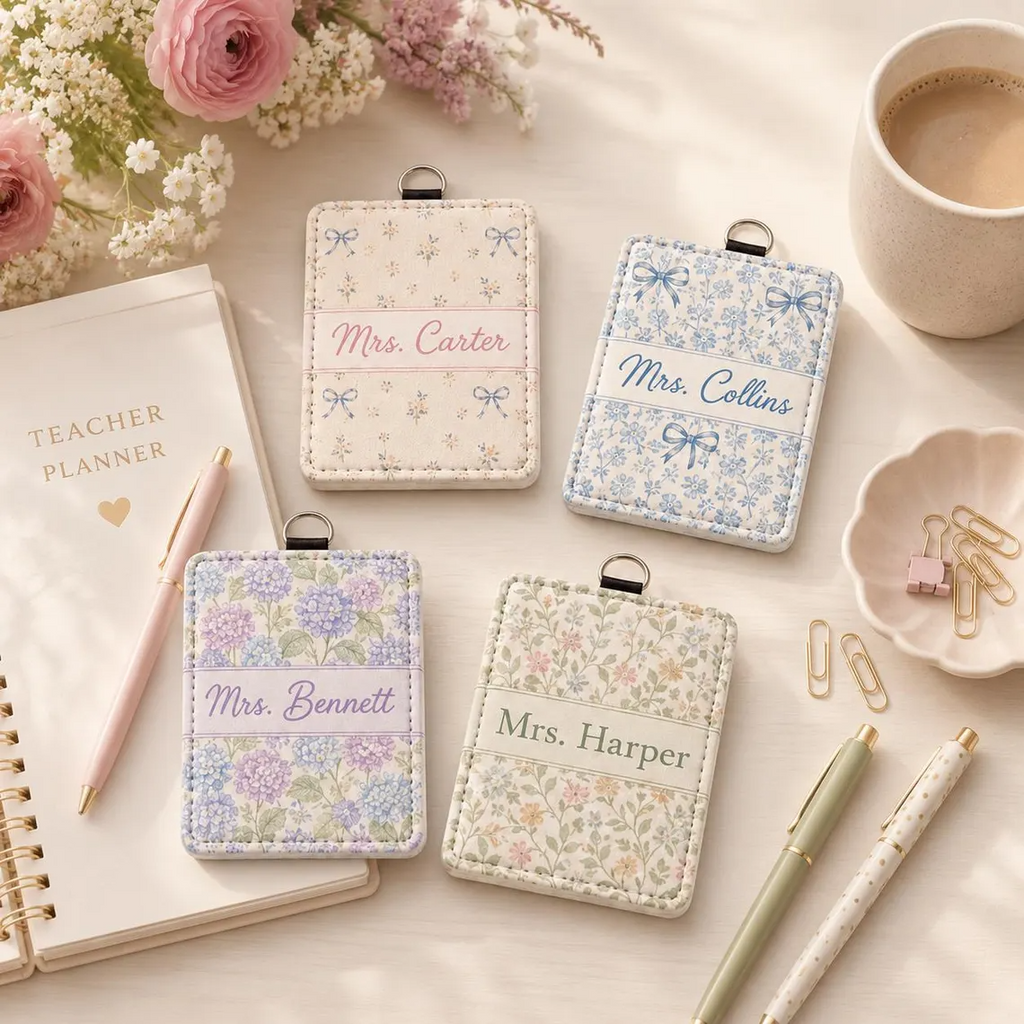 Personalized Pastel Floral Teacher Badge Holder, Custom Name ID Card Holder, Grandmillennial Lanyard Wallet, Teacher Appreciation Gift