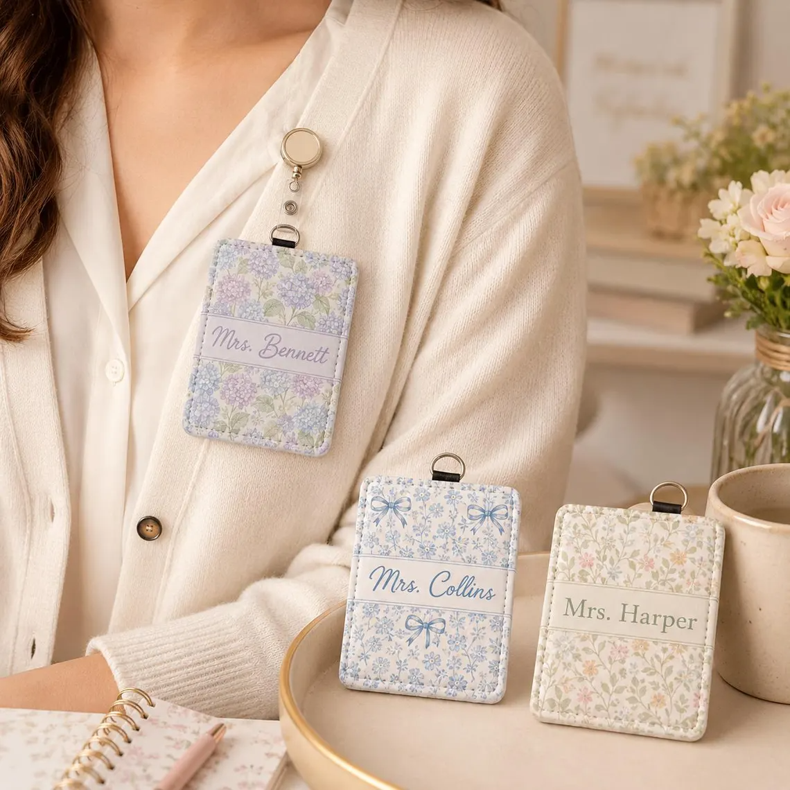 Personalized Pastel Floral Teacher Badge Holder, Custom Name ID Card Holder, Grandmillennial Lanyard Wallet, Teacher Appreciation Gift