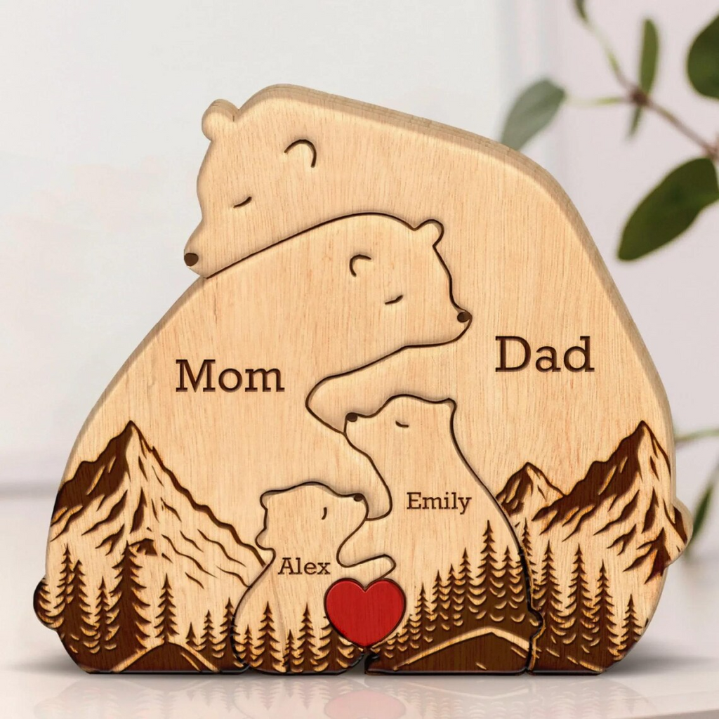 Hugging Bear Family Tree Puzzle, Personalized Wooden Bear Family Puzzle, Custom Birthday Gift, Wooden Animal Carvings, Family Home Decor