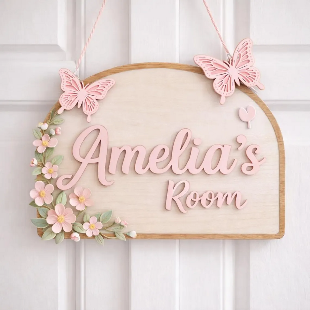 Personalized Girl Room Wooden Door Sign, Custom Nursery Name Sign with Butterflies & Flowers, Baby Girl Bedroom Decor