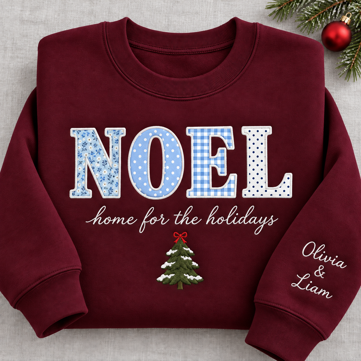 Personalized Noel Appliqué Christmas Sweatshirt - Home for the Holidays Crewneck