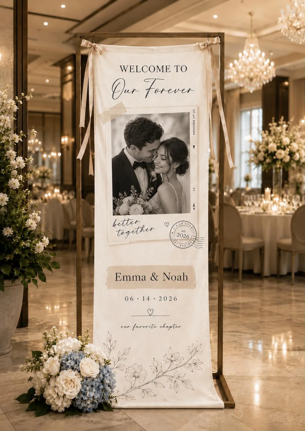 Personalized Wedding Welcome Sign, Custom Photo Banner, Couple Portrait Decor