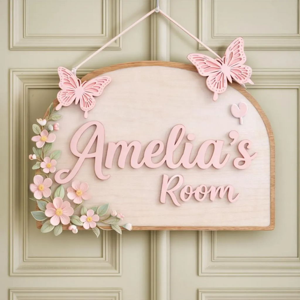 Personalized Girl Room Wooden Door Sign, Custom Nursery Name Sign with Butterflies & Flowers, Baby Girl Bedroom Decor