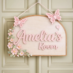 Personalized Girl Room Wooden Door Sign, Custom Nursery Name Sign with Butterflies & Flowers, Baby Girl Bedroom Decor