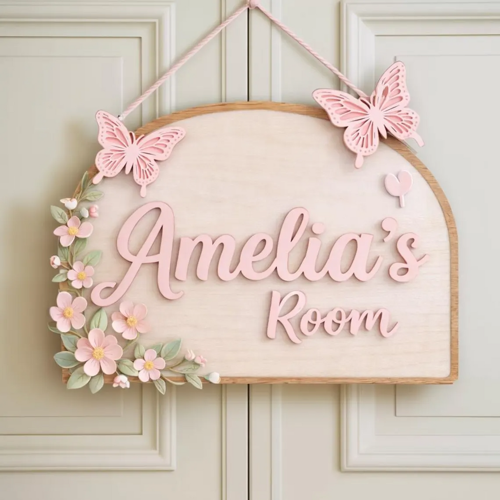 Personalized Girl Room Wooden Door Sign, Custom Nursery Name Sign with Butterflies & Flowers, Baby Girl Bedroom Decor