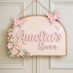 Personalized Girl Room Wooden Door Sign, Custom Nursery Name Sign with Butterflies & Flowers, Baby Girl Bedroom Decor