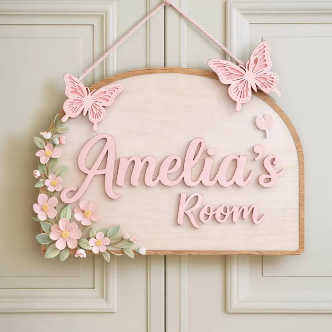 Personalized Girl Room Wooden Door Sign, Custom Nursery Name Sign with Butterflies & Flowers, Baby Girl Bedroom Decor