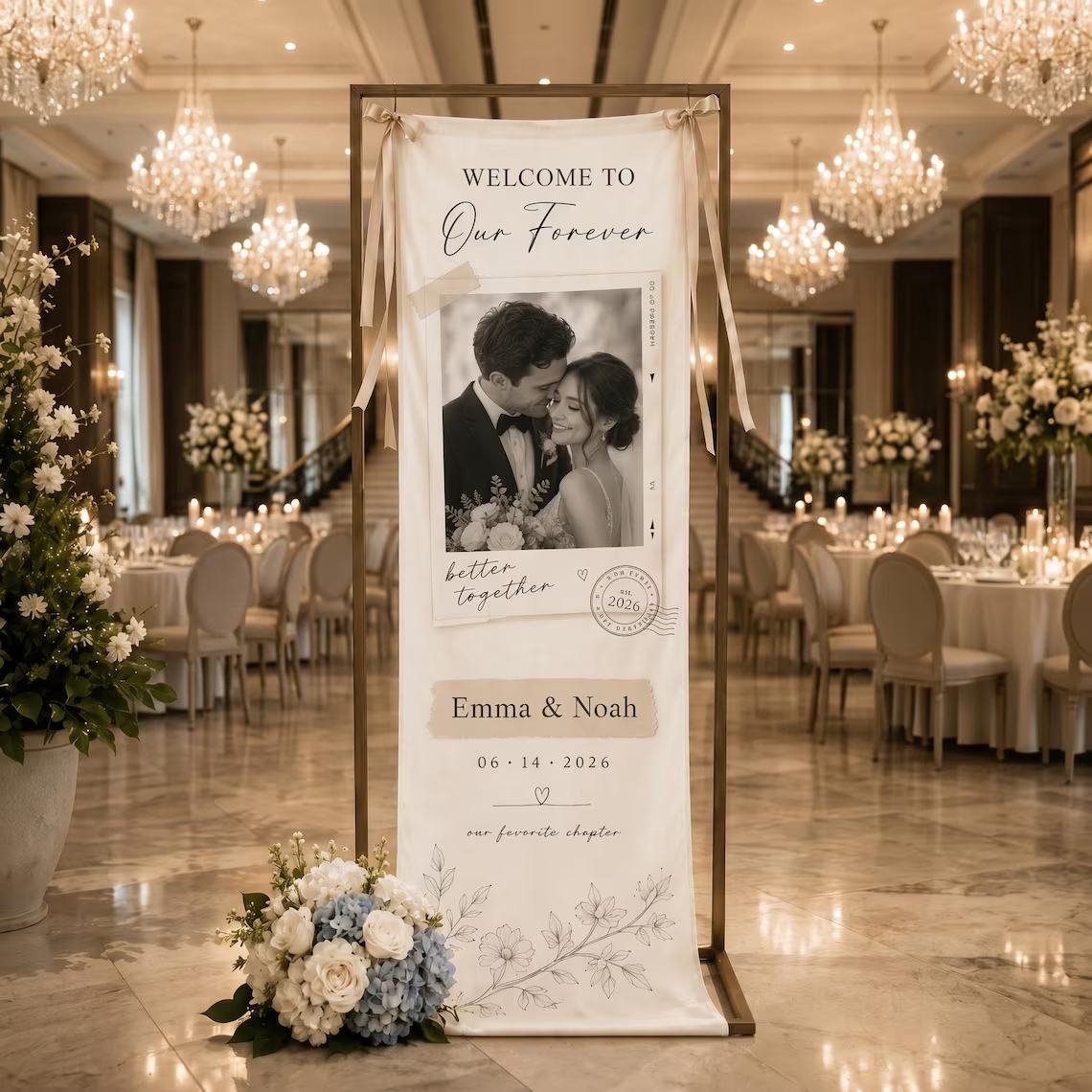 Personalized Wedding Welcome Sign, Custom Photo Banner, Couple Portrait Decor