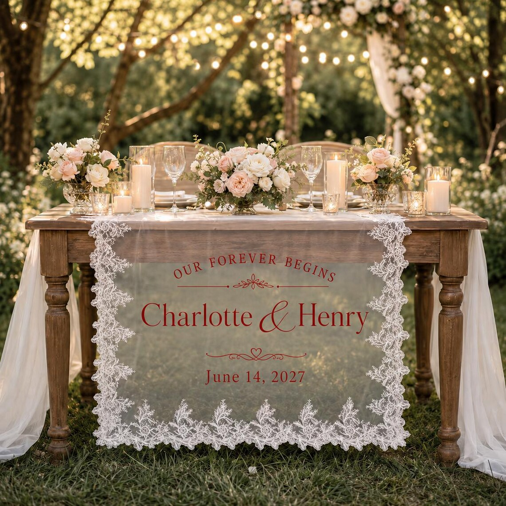 Personalized Lace Wedding Table Runner, Custom Bride Groom Head Table Sign, Sheer Sweetheart Table Reception Decor