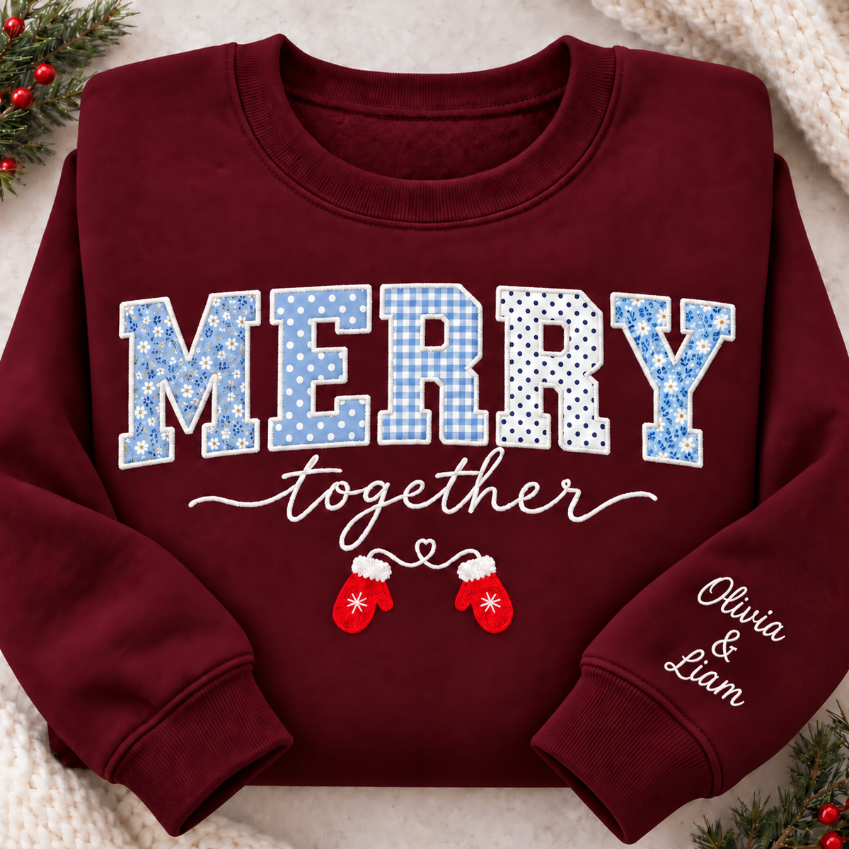 Personalized Couples Christmas Sweatshirt - Merry Together Appliqué Crewneck