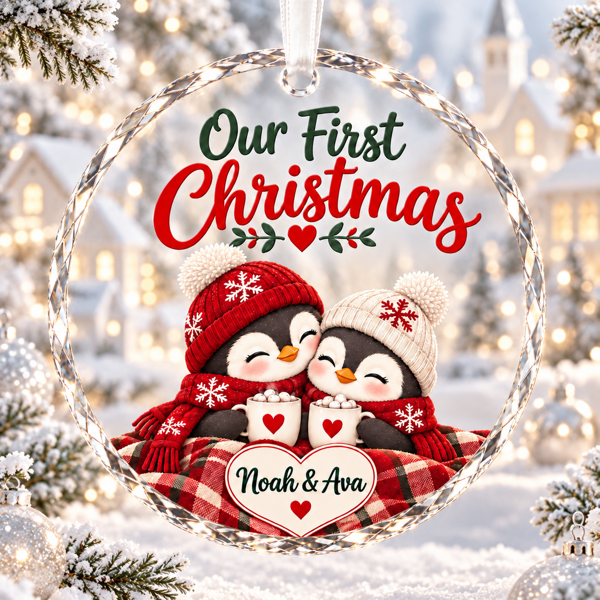 Personalized Penguin Couple Christmas Ornament - Custom Name Glass Tree Bauble 2026