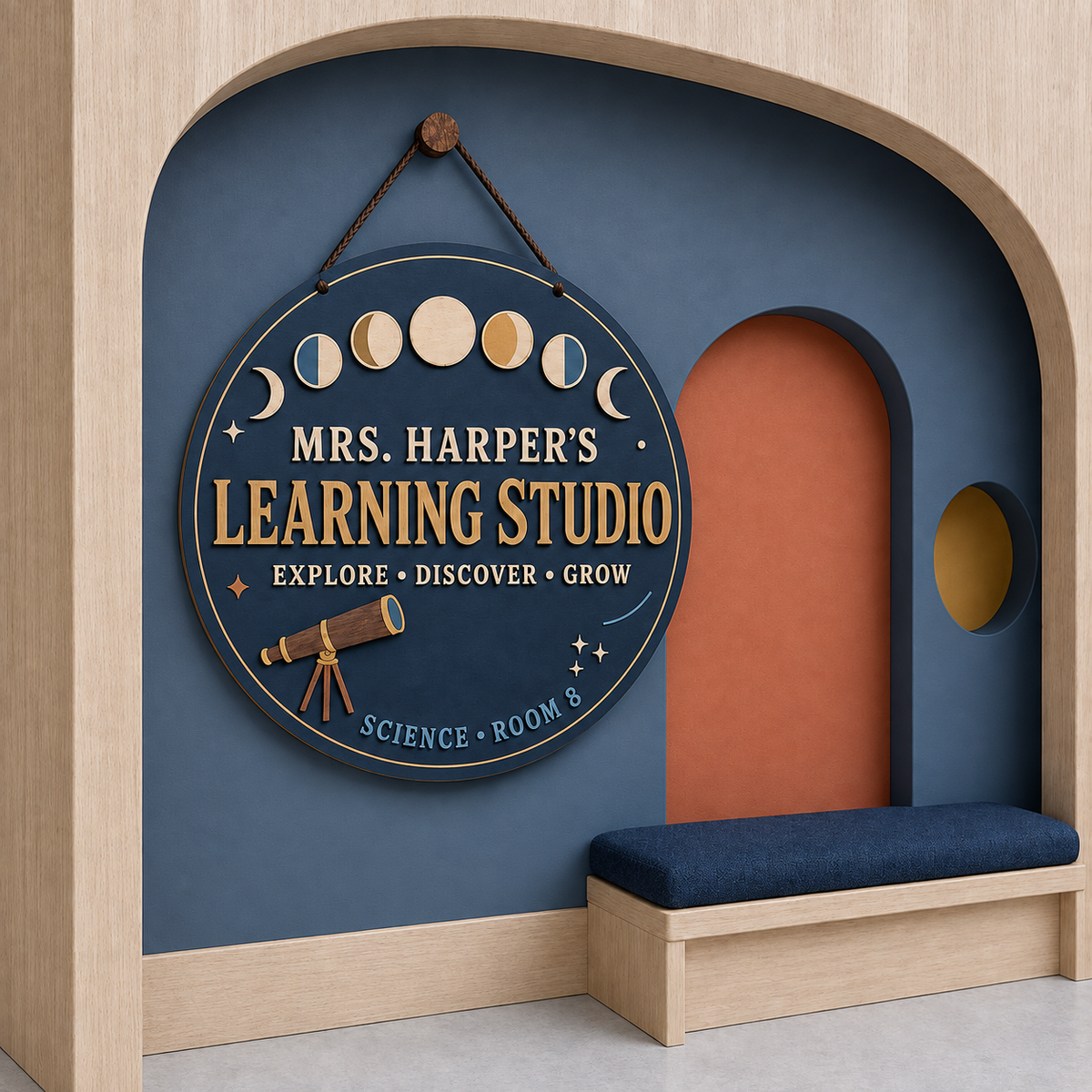 Personalized Moon Phase Classroom Sign - Wooden Teacher Door Hanger