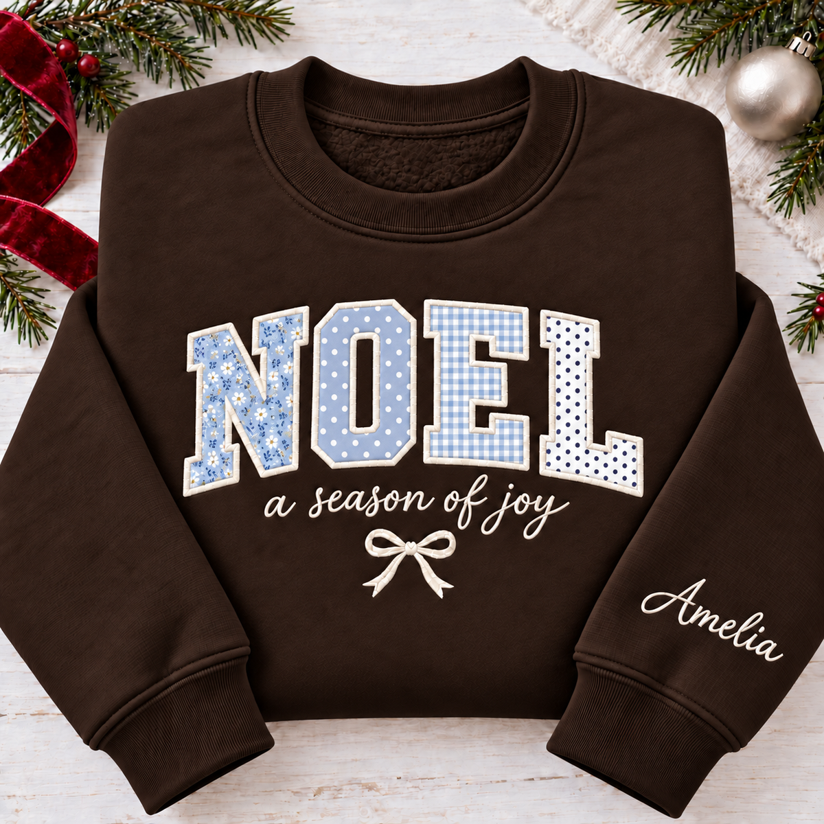 Custom Christmas Appliqué Sweatshirt - Personalized Holiday Text & Sleeve Name