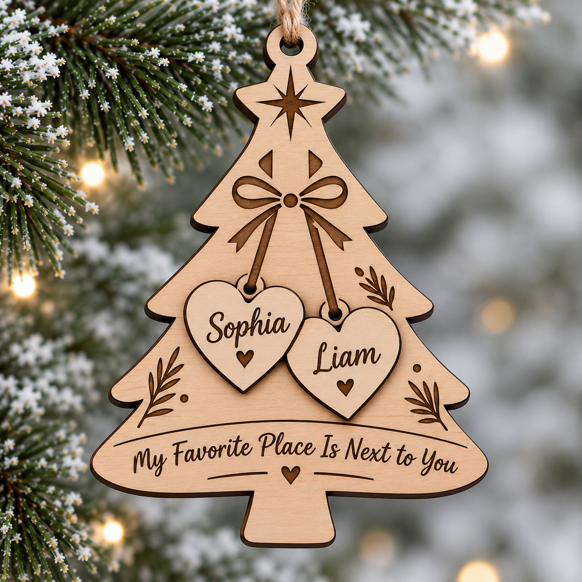 Personalized Couples Christmas Ornament - Two Names Hanging Hearts Wood Tree