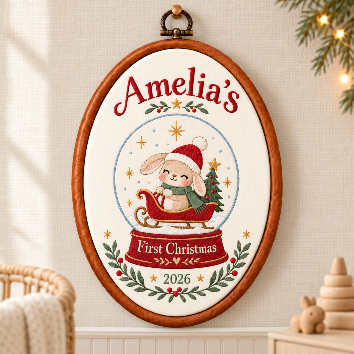 Personalized Baby's First Christmas Snow Globe Bunny Embroidery Hoop 2026 - Custom Name Nursery Decor