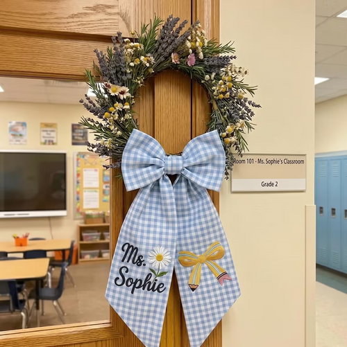 Custom Teacher Wreath Ribbon, Personalized Floral Pencil Sash, Coquette Bow Door Decor, Back To School Gift, Teacher Appreciation Decor