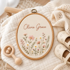 Personalized Floral Baby Name Sign, Custom Embroidered Nursery Wall Art, Oval Floral Name Hoop, Baby Girl Shower Gift, Newborn Photo Prop