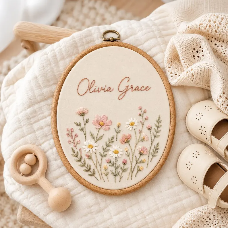 Personalized Floral Baby Name Sign, Custom Embroidered Nursery Wall Art, Oval Floral Name Hoop, Baby Girl Shower Gift, Newborn Photo Prop