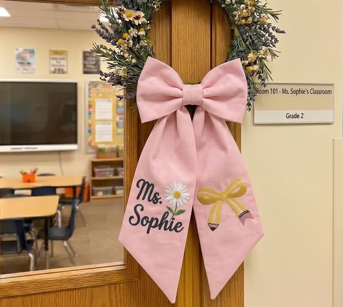 Custom Teacher Wreath Ribbon, Personalized Floral Pencil Sash, Coquette Bow Door Decor, Back To School Gift, Teacher Appreciation Decor
