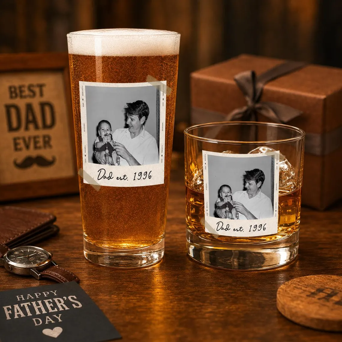Custom Photo Whiskey & Beer Pint Glass, Personalized Portrait Gift for Dad, Grandpa New Dad,Unique Gift for Him,Portrait Photo Grandpa Glass