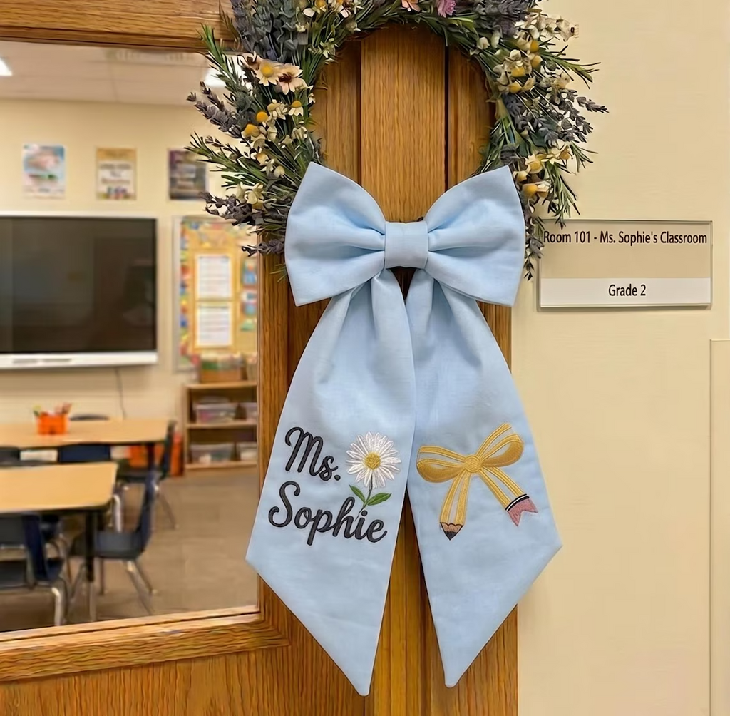 Custom Teacher Wreath Ribbon, Personalized Floral Pencil Sash, Coquette Bow Door Decor, Back To School Gift, Teacher Appreciation Decor