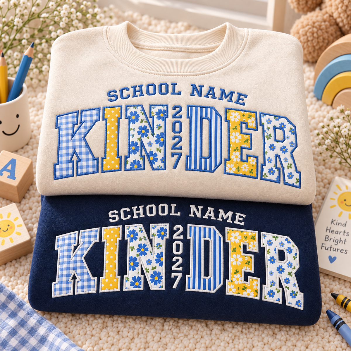 Personalized Kids School Sweatshirt – Custom School Name & Year Patchwork Appliqué Crewneck