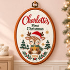Personalized Baby's First Christmas Reindeer Embroidery Hoop 2026 - Custom Name Nursery Wall Art