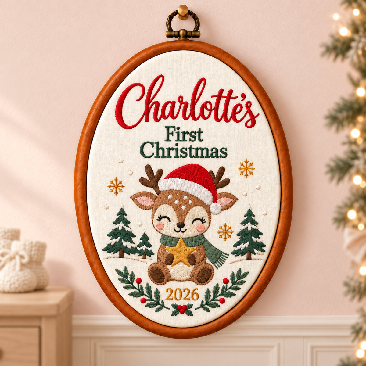 Personalized Baby's First Christmas Reindeer Embroidery Hoop 2026 - Custom Name Nursery Wall Art