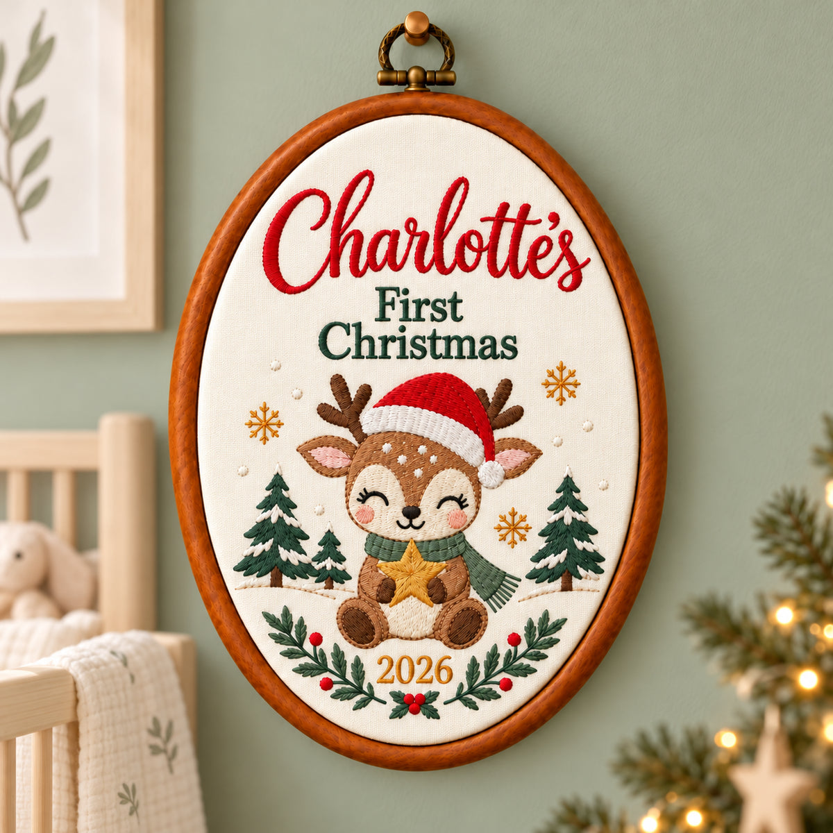 Personalized Baby's First Christmas Reindeer Embroidery Hoop 2026 - Custom Name Nursery Wall Art