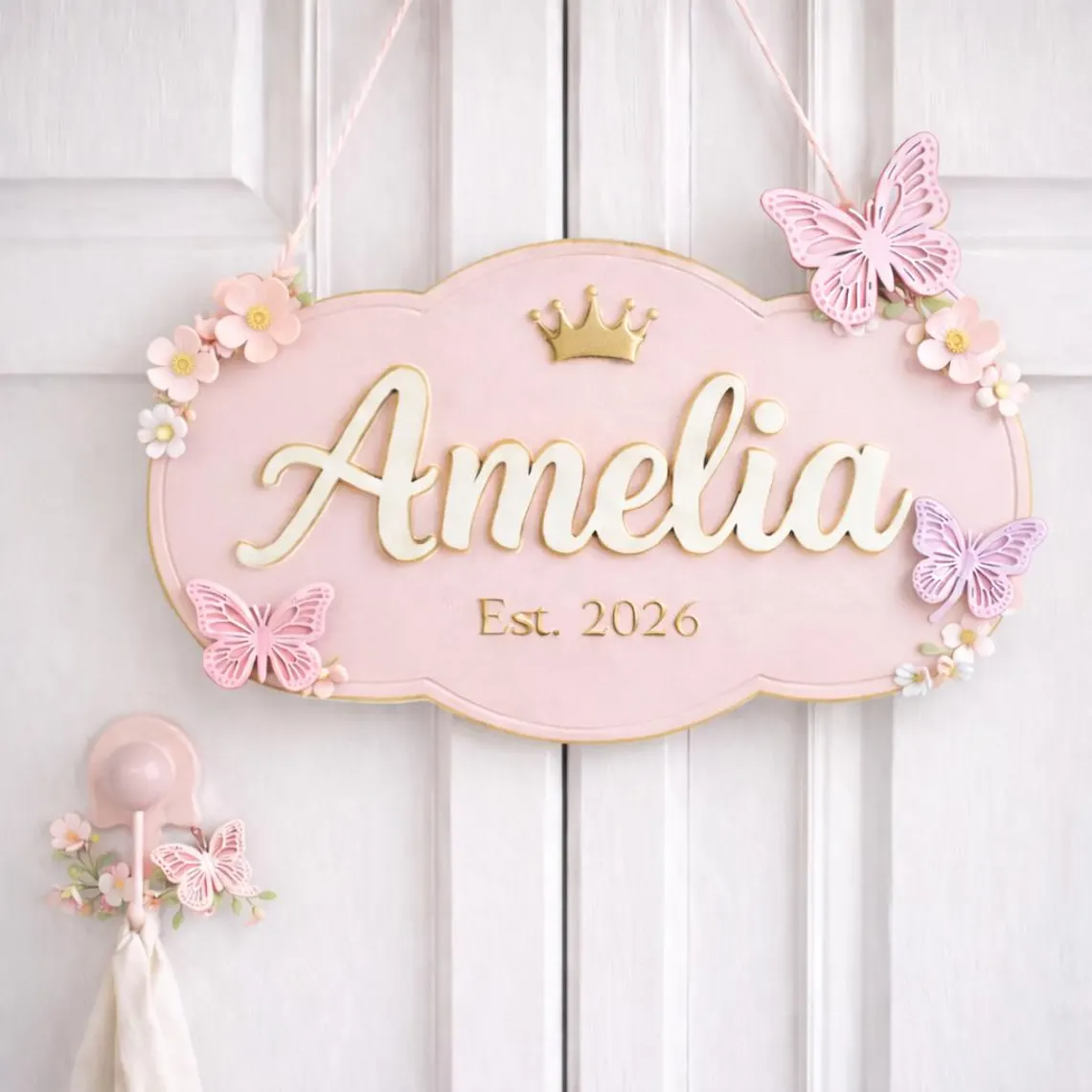 Personalized Baby Girl Nursery Door Sign, Cottagecore Pink Name Plaque with Crown & Butterflies, Custom Wooden Room Decor, Fairytale Gift