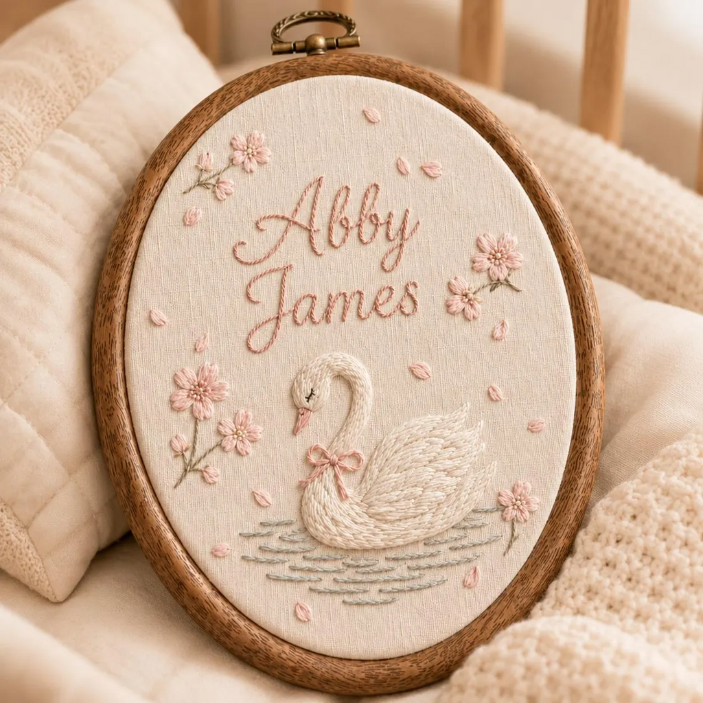 Personalized Embroidered Baby Name Hoop, Swan Nursery Wall Decor, Custom Girl Name Sign, Newborn Baby Shower Gift, Floral Baby Room Decor