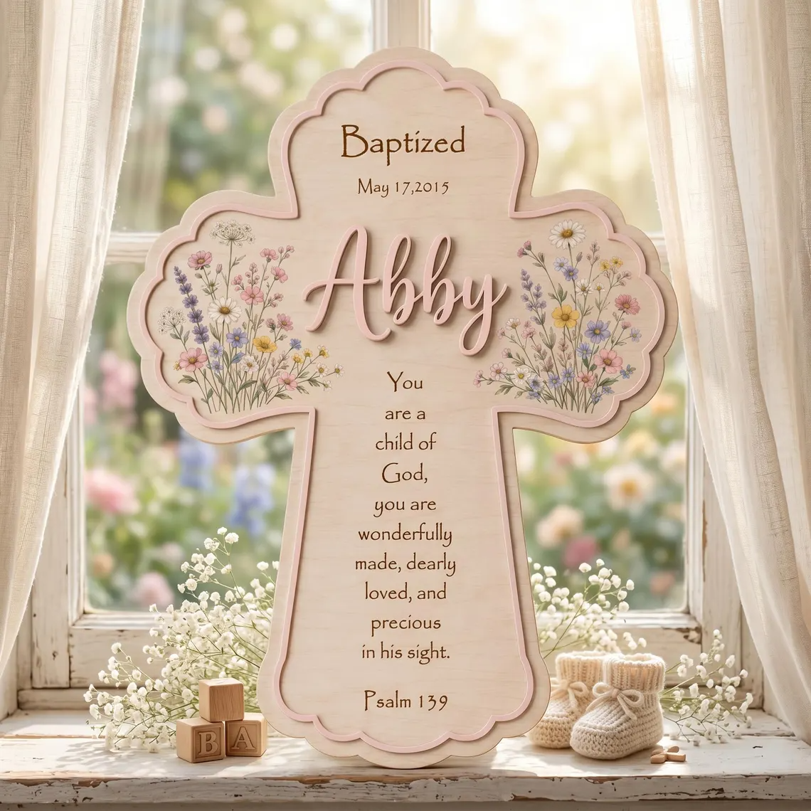 Floral Personalized Baptism Cross for Girls, Custom Name Wood Wall Cross, Baby Girl Christening Gift, Nursery Flower Decor, Bible Verse Art