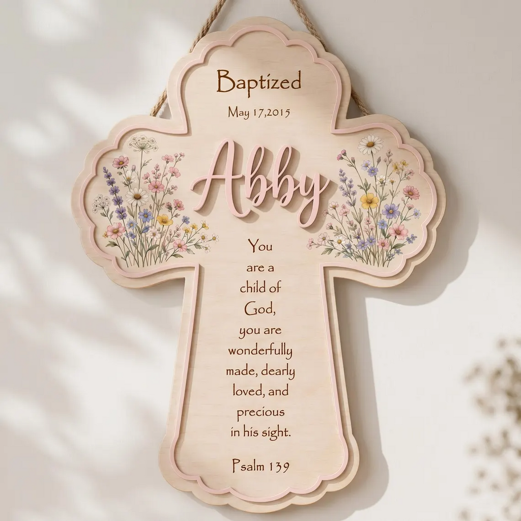 Floral Personalized Baptism Cross for Girls, Custom Name Wood Wall Cross, Baby Girl Christening Gift, Nursery Flower Decor, Bible Verse Art