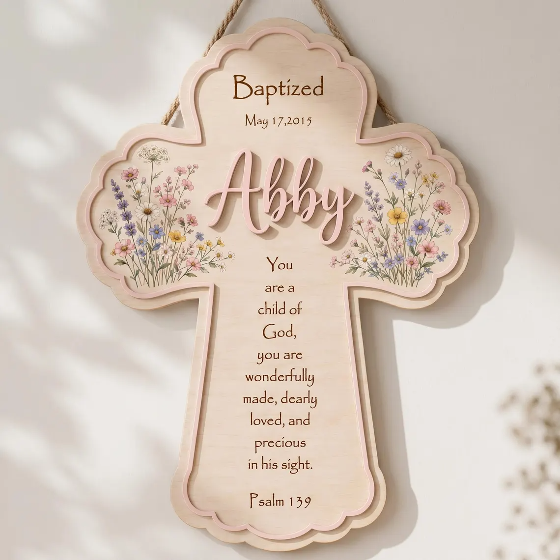 Floral Personalized Baptism Cross for Girls, Custom Name Wood Wall Cross, Baby Girl Christening Gift, Nursery Flower Decor, Bible Verse Art